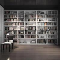 Sleek and Sophisticated A Contemporary Bookshelf with an Elegant Design, Showcasing a Photorealistic Backdrop of a Study Filled with Books photo