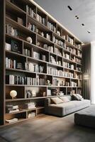 Sleek and Sophisticated A Contemporary Bookshelf with an Elegant Design, Showcasing a Photorealistic Backdrop of a Study Filled with Books photo