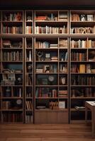 Sleek and Sophisticated A Contemporary Bookshelf with an Elegant Design, Showcasing a Photorealistic Backdrop of a Study Filled with Books photo