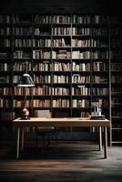 Sleek and Sophisticated A Contemporary Bookshelf with an Elegant Design, Showcasing a Photorealistic Backdrop of a Study Filled with Books photo