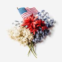 Patriotic Blooms Vibrant American Flag Color Flowers on a White Background with Copy Space photo
