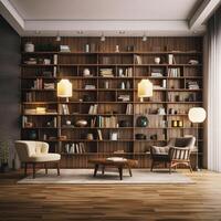 Sleek and Sophisticated A Contemporary Bookshelf with an Elegant Design, Showcasing a Photorealistic Backdrop of a Study Filled with Books photo