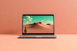 Sleek Laptop Mockup Trendy Background, High Quality and Realistic, Perfect for Marketing photo