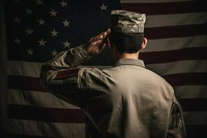 el respeto y honor un cautivador espalda ver fotografía de militar saludando el Estados Unidos bandera, un tributo a patriotismo y sacrificio generativo ai foto