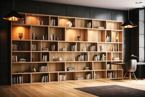 Sleek and Sophisticated A Contemporary Bookshelf with an Elegant Design, Showcasing a Photorealistic Backdrop of a Study Filled with Books photo