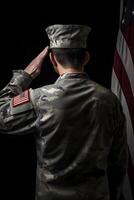 el respeto y honor un cautivador espalda ver fotografía de militar saludando el Estados Unidos bandera, un tributo a patriotismo y sacrificio generativo ai foto