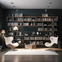 Sleek and Sophisticated A Contemporary Bookshelf with an Elegant Design, Showcasing a Photorealistic Backdrop of a Study Filled with Books photo