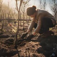 plantando arboles para un sostenible futuro. comunidad jardín y ambiental conservación - promoviendo habitat restauracion y comunidad compromiso en tierra día generativo ai foto