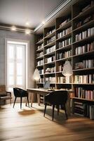 Sleek and Sophisticated A Contemporary Bookshelf with an Elegant Design, Showcasing a Photorealistic Backdrop of a Study Filled with Books photo