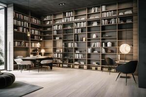 Sleek and Sophisticated A Contemporary Bookshelf with an Elegant Design, Showcasing a Photorealistic Backdrop of a Study Filled with Books photo