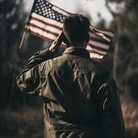 el respeto y honor un cautivador espalda ver fotografía de militar saludando el Estados Unidos bandera, un tributo a patriotismo y sacrificio generativo ai foto