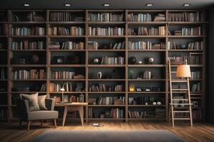 Sleek and Sophisticated A Contemporary Bookshelf with an Elegant Design, Showcasing a Photorealistic Backdrop of a Study Filled with Books photo