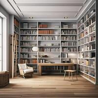 Sleek and Sophisticated A Contemporary Bookshelf with an Elegant Design, Showcasing a Photorealistic Backdrop of a Study Filled with Books photo
