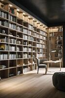 Sleek and Sophisticated A Contemporary Bookshelf with an Elegant Design, Showcasing a Photorealistic Backdrop of a Study Filled with Books photo