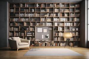 Sleek and Sophisticated A Contemporary Bookshelf with an Elegant Design, Showcasing a Photorealistic Backdrop of a Study Filled with Books photo