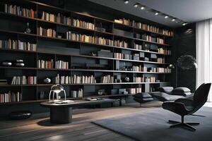 Sleek and Sophisticated A Contemporary Bookshelf with an Elegant Design, Showcasing a Photorealistic Backdrop of a Study Filled with Books photo