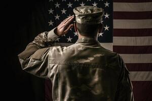 el respeto y honor un cautivador espalda ver fotografía de militar saludando el Estados Unidos bandera, un tributo a patriotismo y sacrificio generativo ai foto