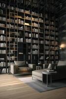 Sleek and Sophisticated A Contemporary Bookshelf with an Elegant Design, Showcasing a Photorealistic Backdrop of a Study Filled with Books photo