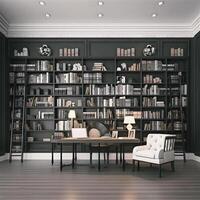 Sleek and Sophisticated A Contemporary Bookshelf with an Elegant Design, Showcasing a Photorealistic Backdrop of a Study Filled with Books photo