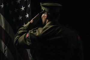 el respeto y honor un cautivador espalda ver fotografía de militar saludando el Estados Unidos bandera, un tributo a patriotismo y sacrificio generativo ai foto