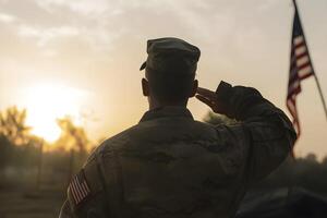 Respect and Honor A Captivating Back View Photography of Military Saluting the USA Flag, a Tribute to Patriotism and Sacrifice photo