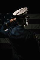 el respeto y honor un cautivador espalda ver fotografía de militar saludando el Estados Unidos bandera, un tributo a patriotismo y sacrificio generativo ai foto