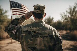 el respeto y honor un cautivador espalda ver fotografía de militar saludando el Estados Unidos bandera, un tributo a patriotismo y sacrificio generativo ai foto