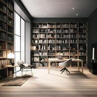 Sleek and Sophisticated A Contemporary Bookshelf with an Elegant Design, Showcasing a Photorealistic Backdrop of a Study Filled with Books photo