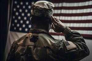 el respeto y honor un cautivador espalda ver fotografía de militar saludando el Estados Unidos bandera, un tributo a patriotismo y sacrificio generativo ai foto