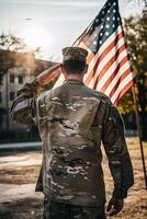 el respeto y honor un cautivador espalda ver fotografía de militar saludando el Estados Unidos bandera, un tributo a patriotismo y sacrificio generativo ai foto