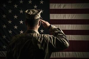 el respeto y honor un cautivador espalda ver fotografía de militar saludando el Estados Unidos bandera, un tributo a patriotismo y sacrificio generativo ai foto