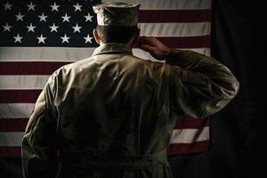 el respeto y honor un cautivador espalda ver fotografía de militar saludando el Estados Unidos bandera, un tributo a patriotismo y sacrificio generativo ai foto