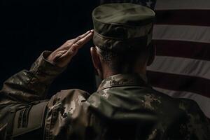 el respeto y honor un cautivador espalda ver fotografía de militar saludando el Estados Unidos bandera, un tributo a patriotismo y sacrificio generativo ai foto