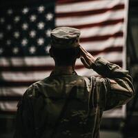 Respect and Honor A Captivating Back View Photography of Military Saluting the USA Flag, a Tribute to Patriotism and Sacrifice photo