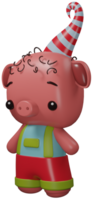 3D illustration render character animal pink pig in clothes on transparent background png