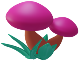 3D illustration render toy magic pink mushrooms with green leaves on transparent background png