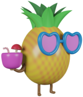 3D illustration render character yellow fruit pineapple in sunglasses with cocktail on transparent background png