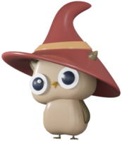 3D illustration render character bird beige owl in brown hat on transparent background png