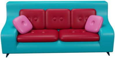 3D illustration render furniture sofa red blue with cushions on transparent background png