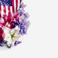 Patriotic Blooms Vibrant American Flag Color Flowers on a White Background with Copy Space photo