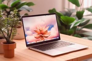 Sleek Laptop Mockup Trendy Background, High Quality and Realistic, Perfect for Marketing photo