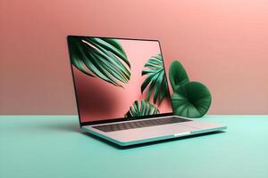 Sleek Laptop Mockup Trendy Background, High Quality and Realistic, Perfect for Marketing photo