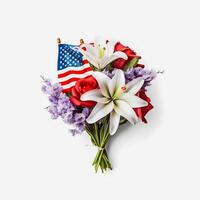 Patriotic Blooms Vibrant American Flag Color Flowers on a White Background with Copy Space photo