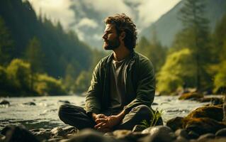 A man practicing mindfulness and meditation in a peaceful natural environment sony A7s realistic image, ultra hd, high design very detailed photo