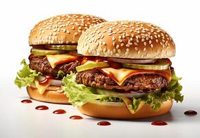 Double hamburger isolated on white background Fresh burger fast food with beef and cream cheese realistic image, ultra hd, high design very detailed photo