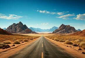 Photo Road Clear Sky Desert Mountains Landscape realistic image, ultra hd, high design very detailed