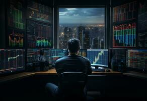 a business man standing in the stock market realistic image, ultra hd, high design very detailed photo