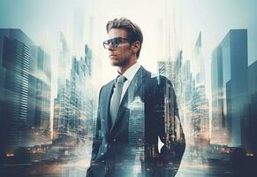 A Double Exposure of a Businessman in the Cityscape Embodies Success and Future Plans photo