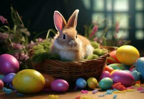 photo happy bunny with many easter eggs on grass festive background for decorative design