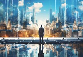 A Double Exposure of a Businessman in the Cityscape Embodies Success and Future Plans photo